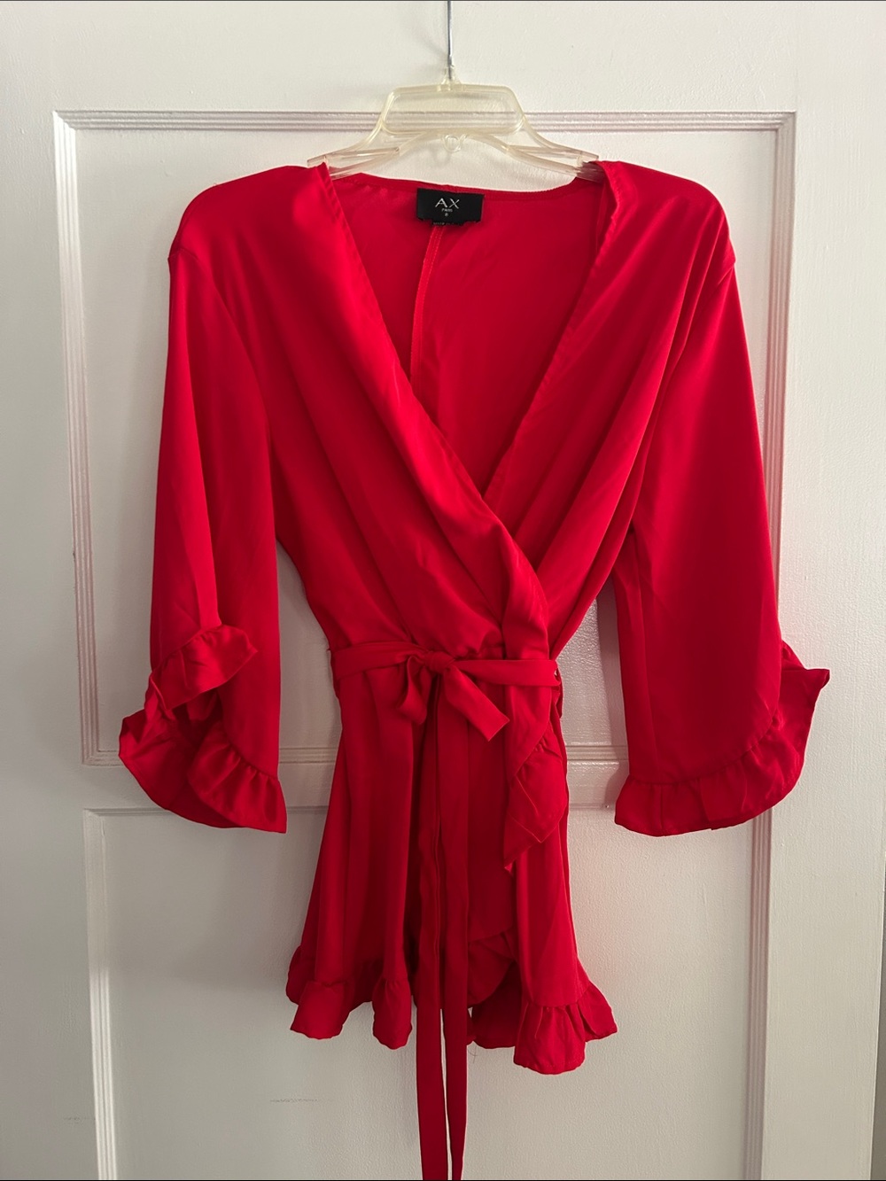Red Wrap Blouse with Ruffled Details